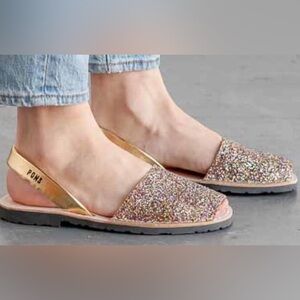 Auth Pons Quintana Leather Sandals Gold Sparkles Sz 8